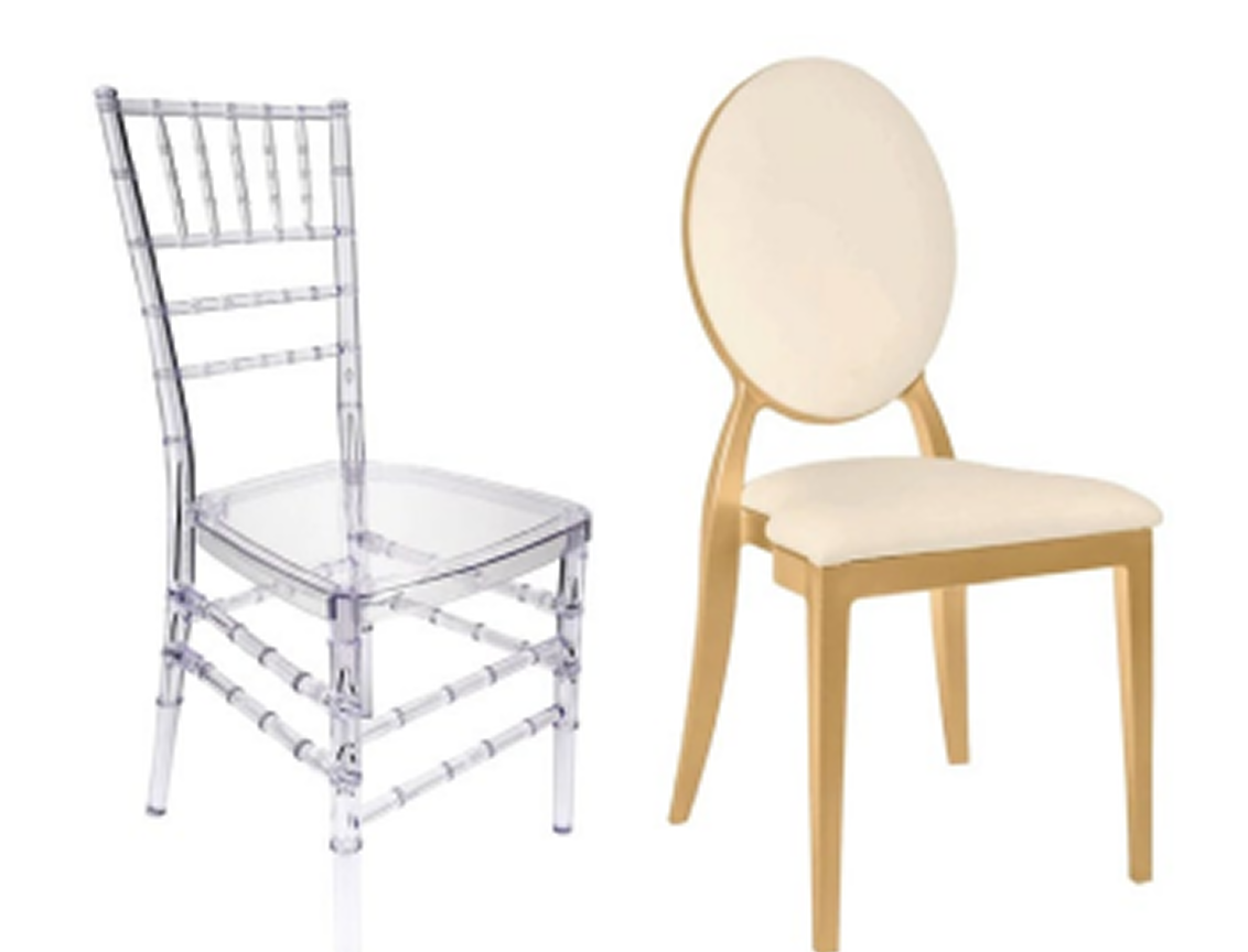Crystal chiavari chair and wood round-back chair for event rental