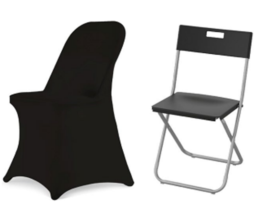 Black spandex chair cover and black folding chair for event rental