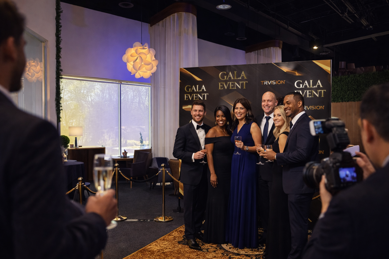 Elegantly dressed guests posing at TrVision Gala Event step-and-repeat backdrop while photographers capture the moment
