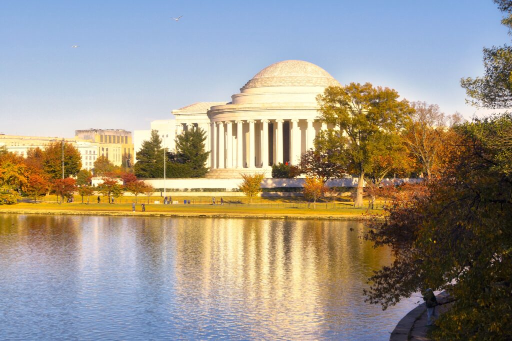 Jefferson Memorial in golden autumn light in Washington, DC, a short drive from TriVision Event Center in Chantilly, Virginia
