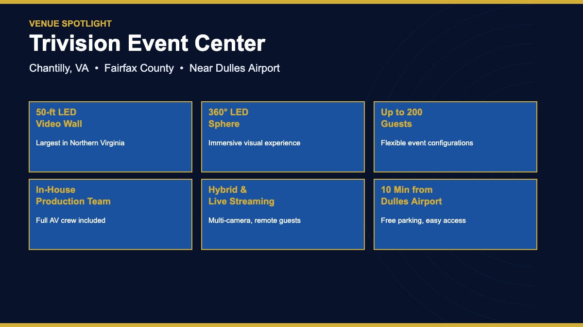 Trivision Event Center in Chantilly VA featuring 50-ft LED wall and in-house AV production team