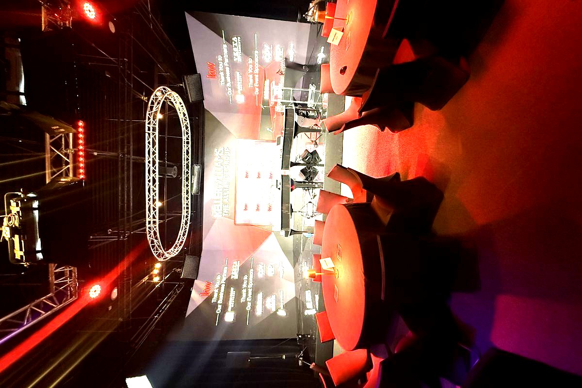 a professional event space set up for a Keller Williams real estate conference or gala, featuring red circular tables with…