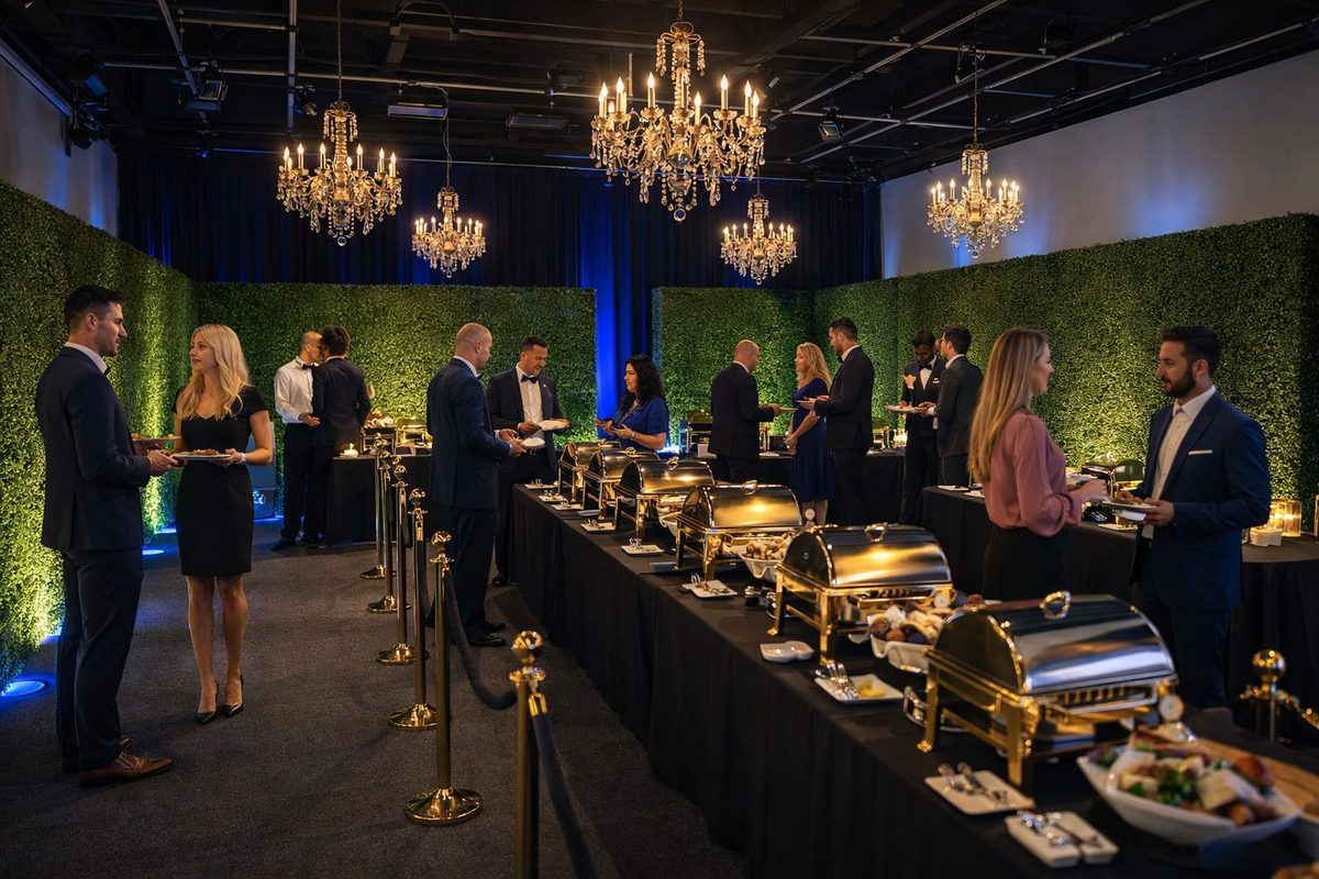 This elegant catering event features formally dressed guests mingling in a luxurious venue adorned with crystal chandeliers…