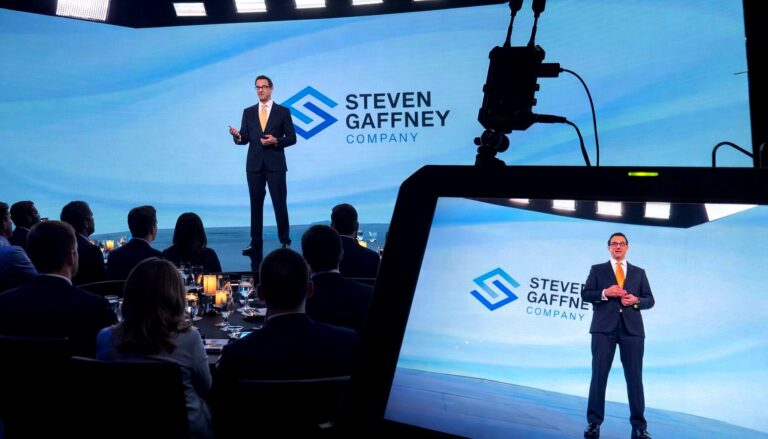 A professional business presentation featuring a man in a dark suit and yellow tie speaking on stage at what appears to be a…