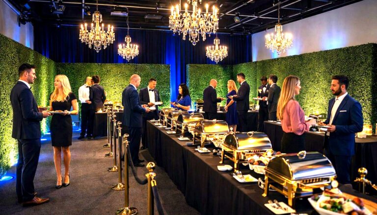 an elegant corporate gala or formal networking event featuring well-dressed guests mingling in a luxuriously appointed venue…