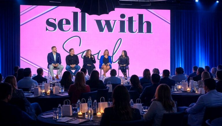 This image captures a professional panel discussion or conference event titled "sell with [soul]" featuring five panelists…