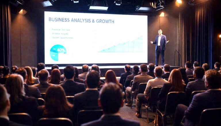 A professional business presenter delivers a "Business Analysis & Growth" presentation to an auditorium full of attendees…