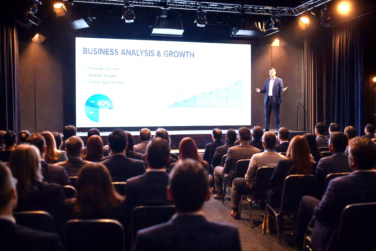 # Image Description

A professional business presentation is underway in an auditorium where a male presenter in business…