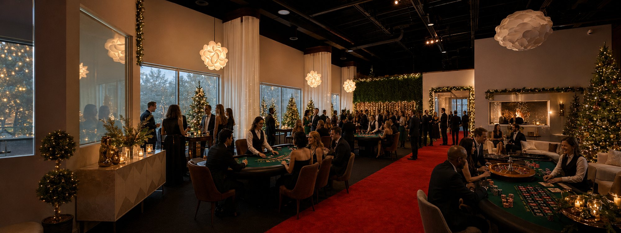 Holiday reception with lounge seating, bar service and event lighting at TriVision Event Center in Chantilly, Virginia