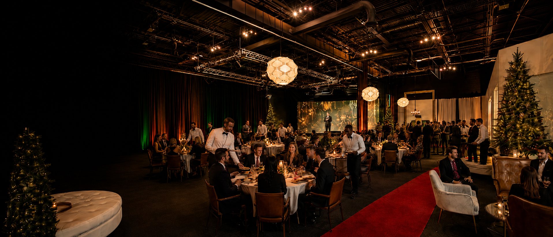 Concept rendering of a company holiday party at TriVision Event Center in Chantilly, Virginia