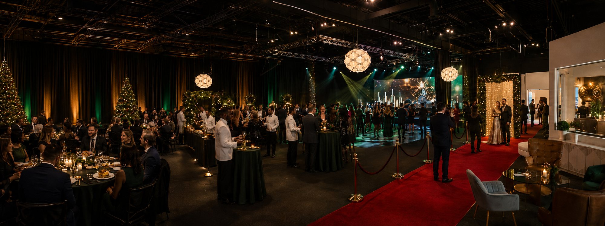 Seated holiday dinner with round tables, stage and LED wall visuals at TriVision Event Center