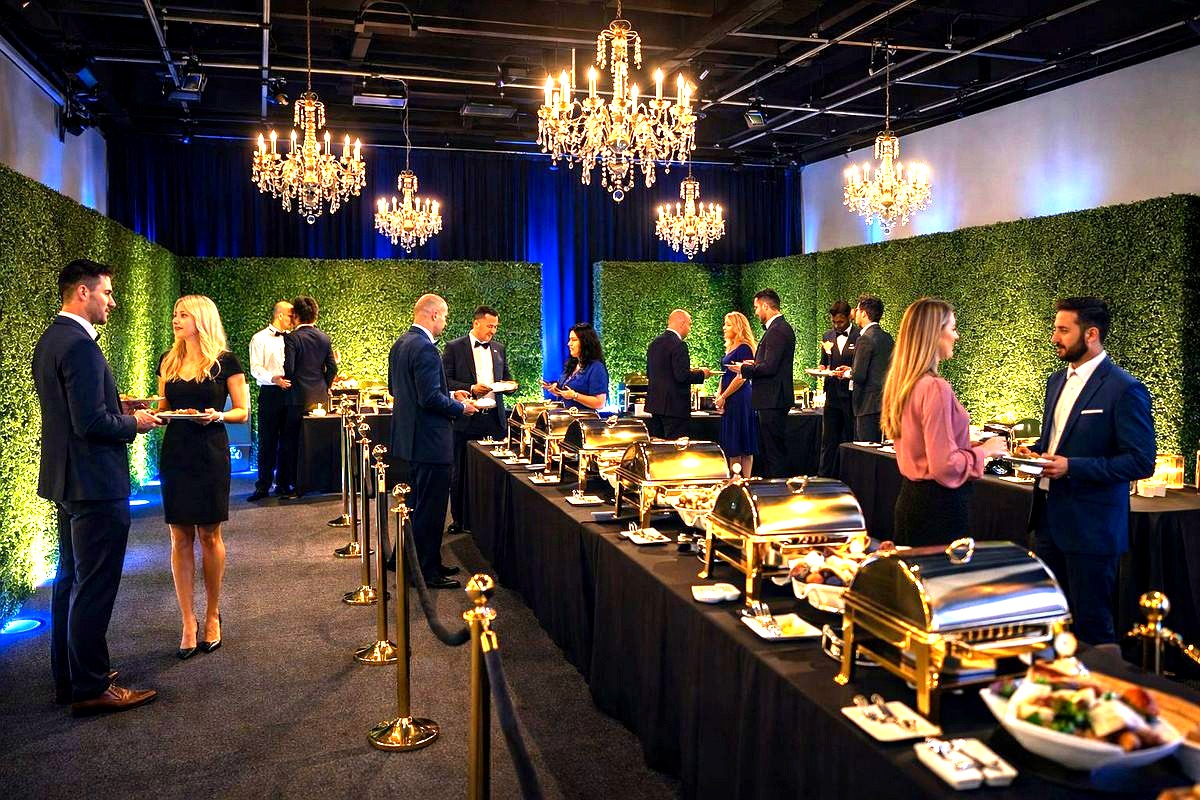 an elegant corporate gala or formal networking event featuring well-dressed guests mingling in a luxuriously appointed venue…