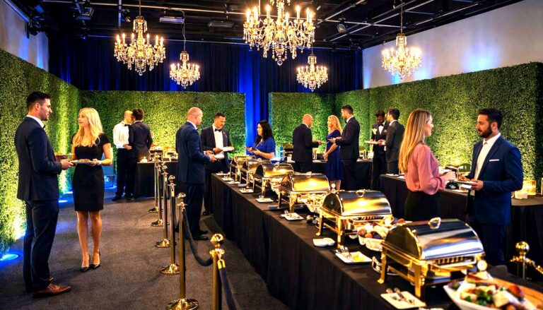an elegant corporate gala or formal networking event featuring well-dressed guests mingling in a luxuriously appointed venue…